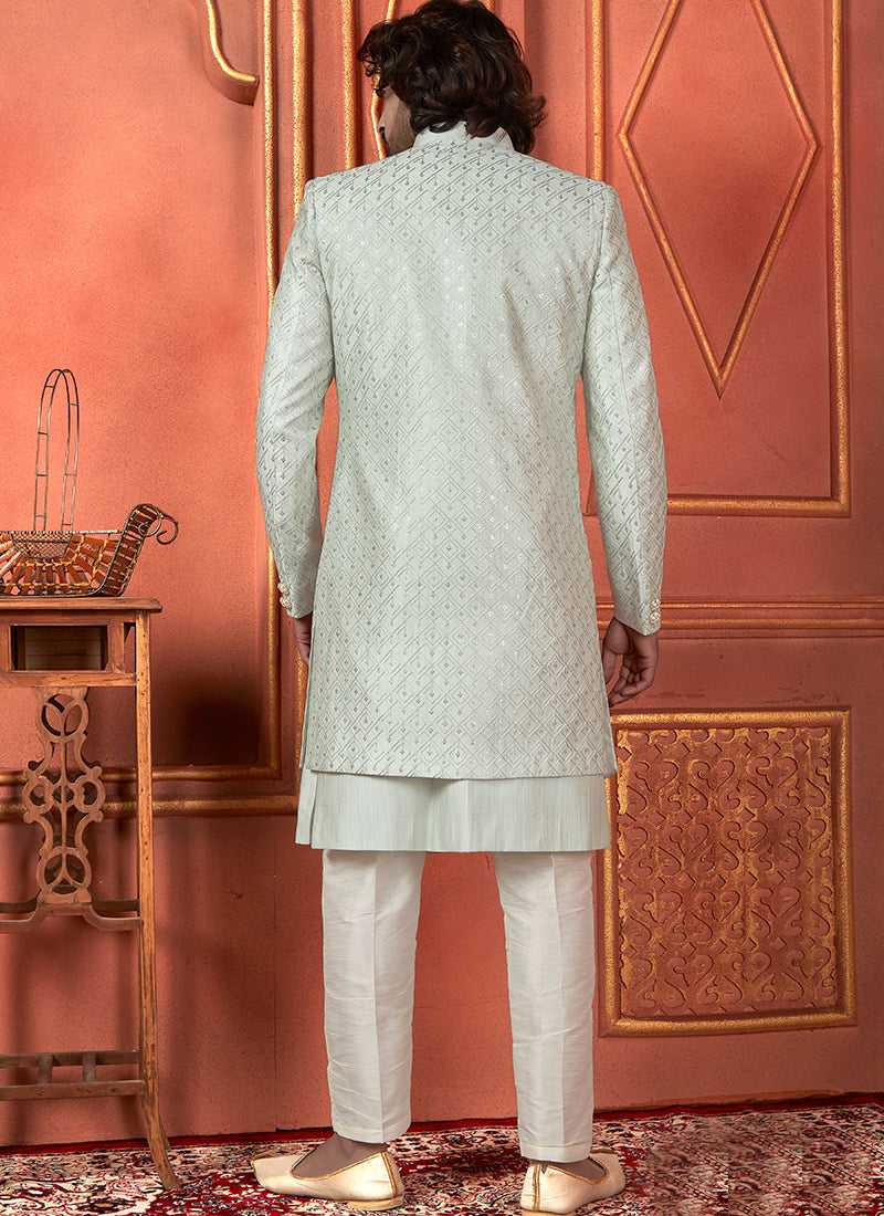 Raivat Ethnic Mens Art Silk Thread Work Indo Western In Pista Green Colour