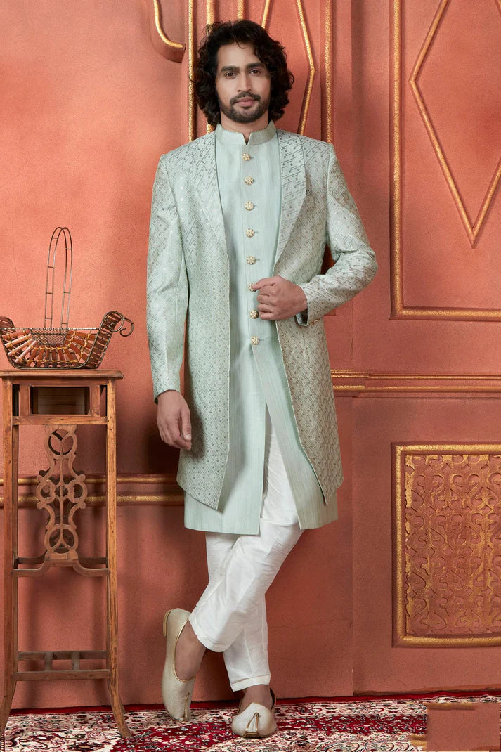 Raivat Ethnic Mens Art Silk Thread Work Indo Western In Pista Green Colour