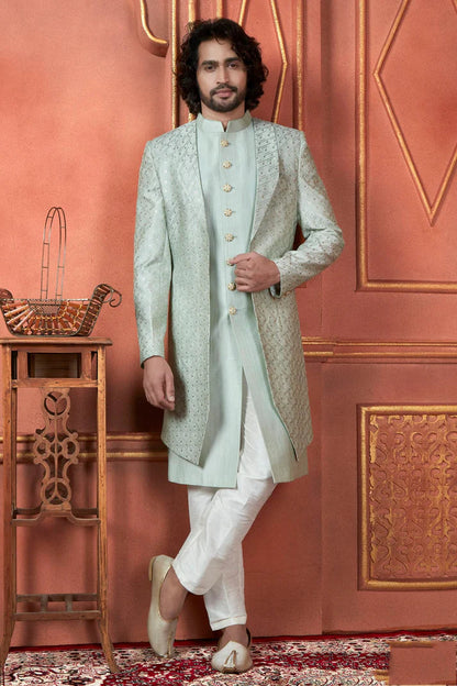 Raivat Ethnic Mens Art Silk Thread Work Indo Western In Pista Green Colour