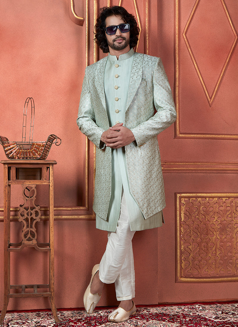 Raivat Ethnic Mens Art Silk Thread Work Indo Western In Pista Green Colour