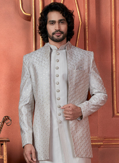 Raivat Ethnic Mens Art Silk Thread Work Indo Western In Grey Colour