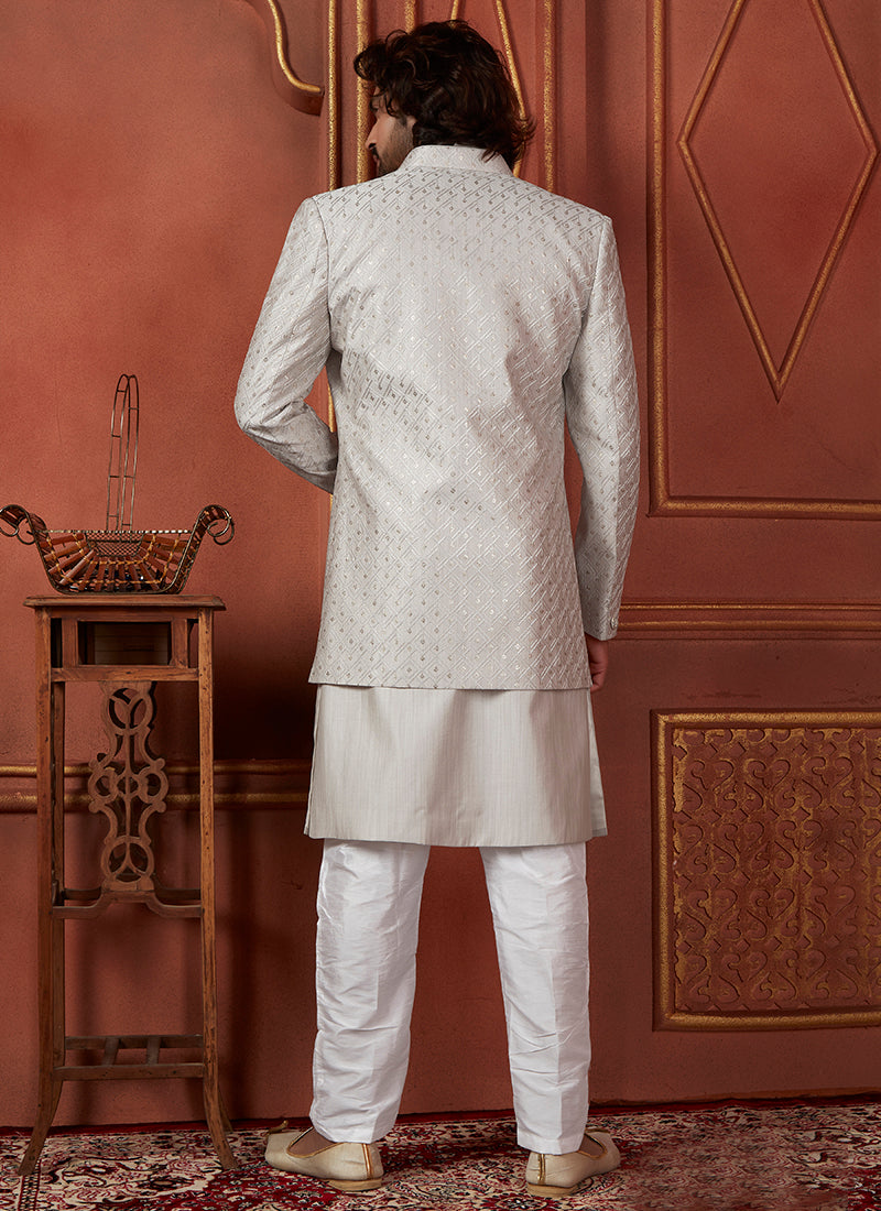 Raivat Ethnic Mens Art Silk Thread Work Indo Western In Grey Colour
