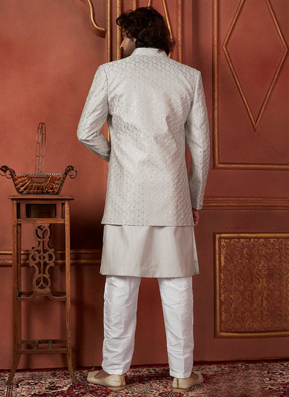 Raivat Ethnic Mens Art Silk Thread Work Indo Western In Grey Colour