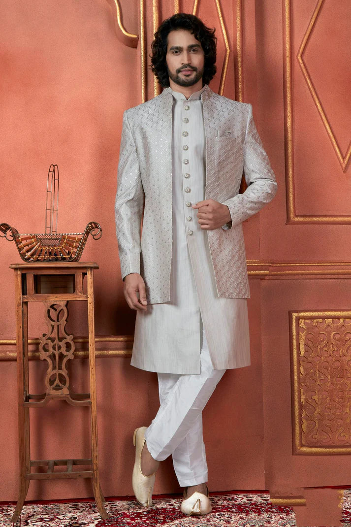 Raivat Ethnic Mens Art Silk Thread Work Indo Western In Grey Colour