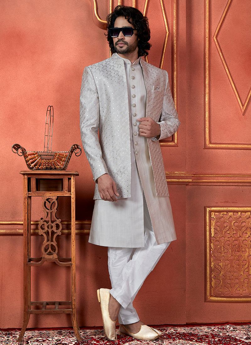 Raivat Ethnic Mens Art Silk Thread Work Indo Western In Grey Colour