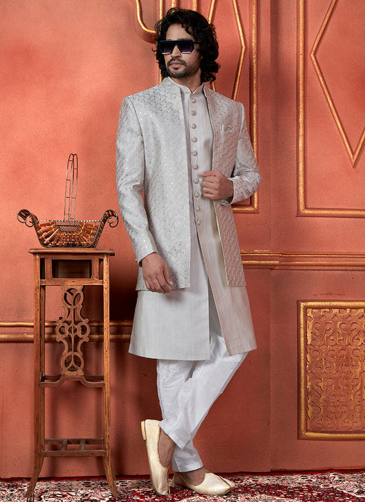 Raivat Ethnic Mens Art Silk Thread Work Indo Western In Grey Colour