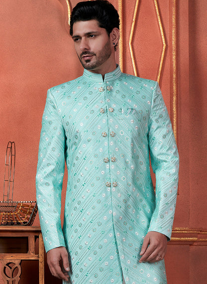 Raivat Ethnic Mens Art Silk Thread Work Indo Western In Green Colour