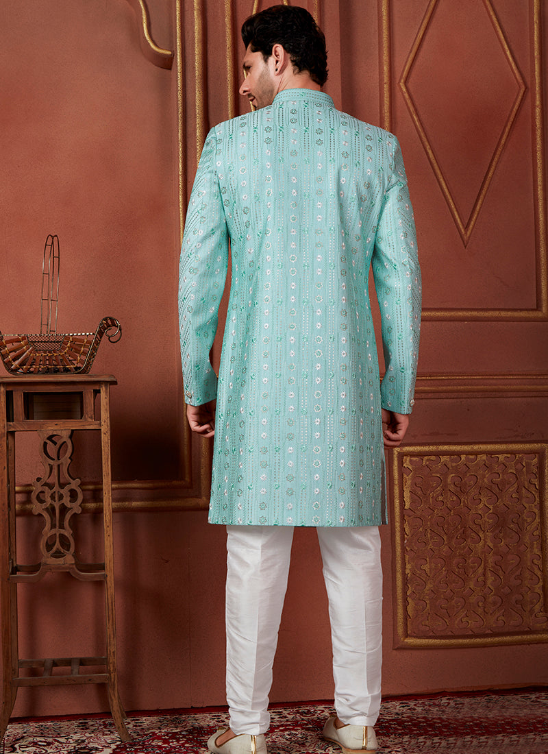 Raivat Ethnic Mens Art Silk Thread Work Indo Western In Green Colour