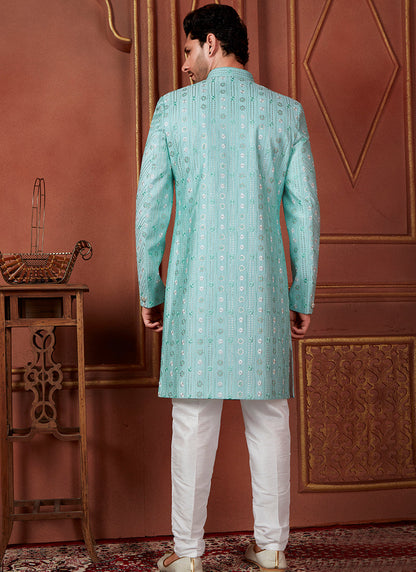 Raivat Ethnic Mens Art Silk Thread Work Indo Western In Green Colour
