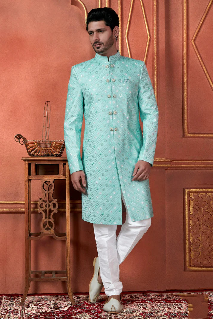 Raivat Ethnic Mens Art Silk Thread Work Indo Western In Green Colour