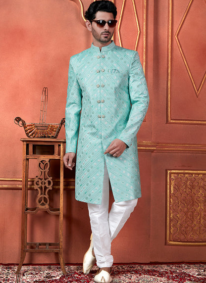 Raivat Ethnic Mens Art Silk Thread Work Indo Western In Green Colour