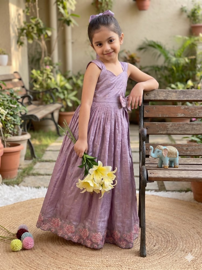 Teeya Creation New Trendy Girls Elegant White Crinkled Ethnic Gown with Pink Lotus Border and Stylish Waist Bow