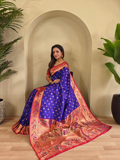 Mameraa Sarees Paithani Silk Blend Weaving Saree With Contrast Blouse-Violet