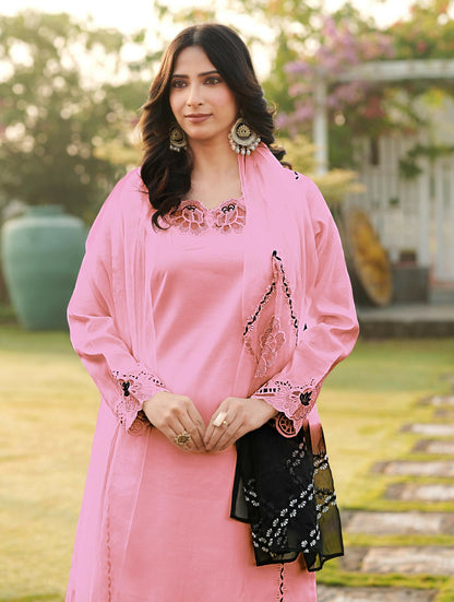 Nikhaar Light Pink Embroidered Art Silk Stitched Straight Cut Kurta Palazzo Dupatta Readymade Suit