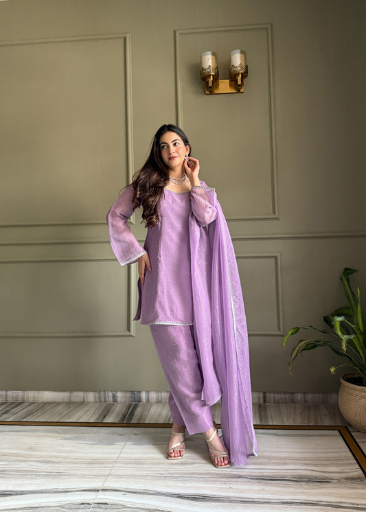 Lorenvalley Fashion Lavender Crunchy Silk with Siroski Work with Fancy Lace Work Kurta Salwar with Dupatta