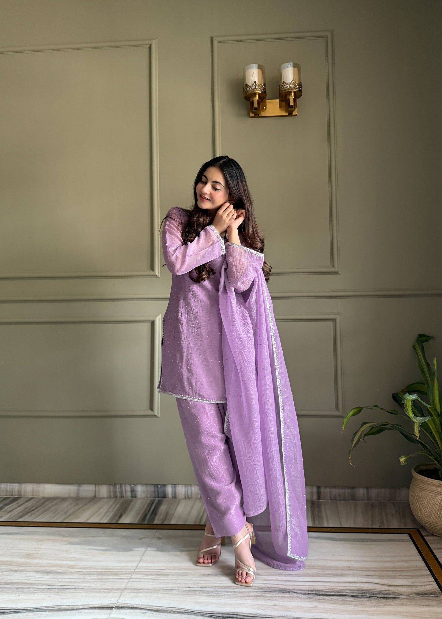 Lorenvalley Fashion Lavender Crunchy Silk with Siroski Work with Fancy Lace Work Kurta Salwar with Dupatta