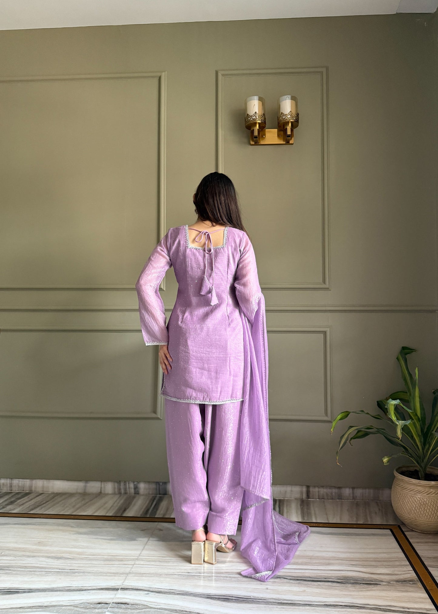 Lorenvalley Fashion Lavender Crunchy Silk with Siroski Work with Fancy Lace Work Kurta Salwar with Dupatta