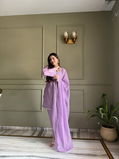 Lorenvalley Fashion Lavender Crunchy Silk with Siroski Work with Fancy Lace Work Kurta Salwar with Dupatta