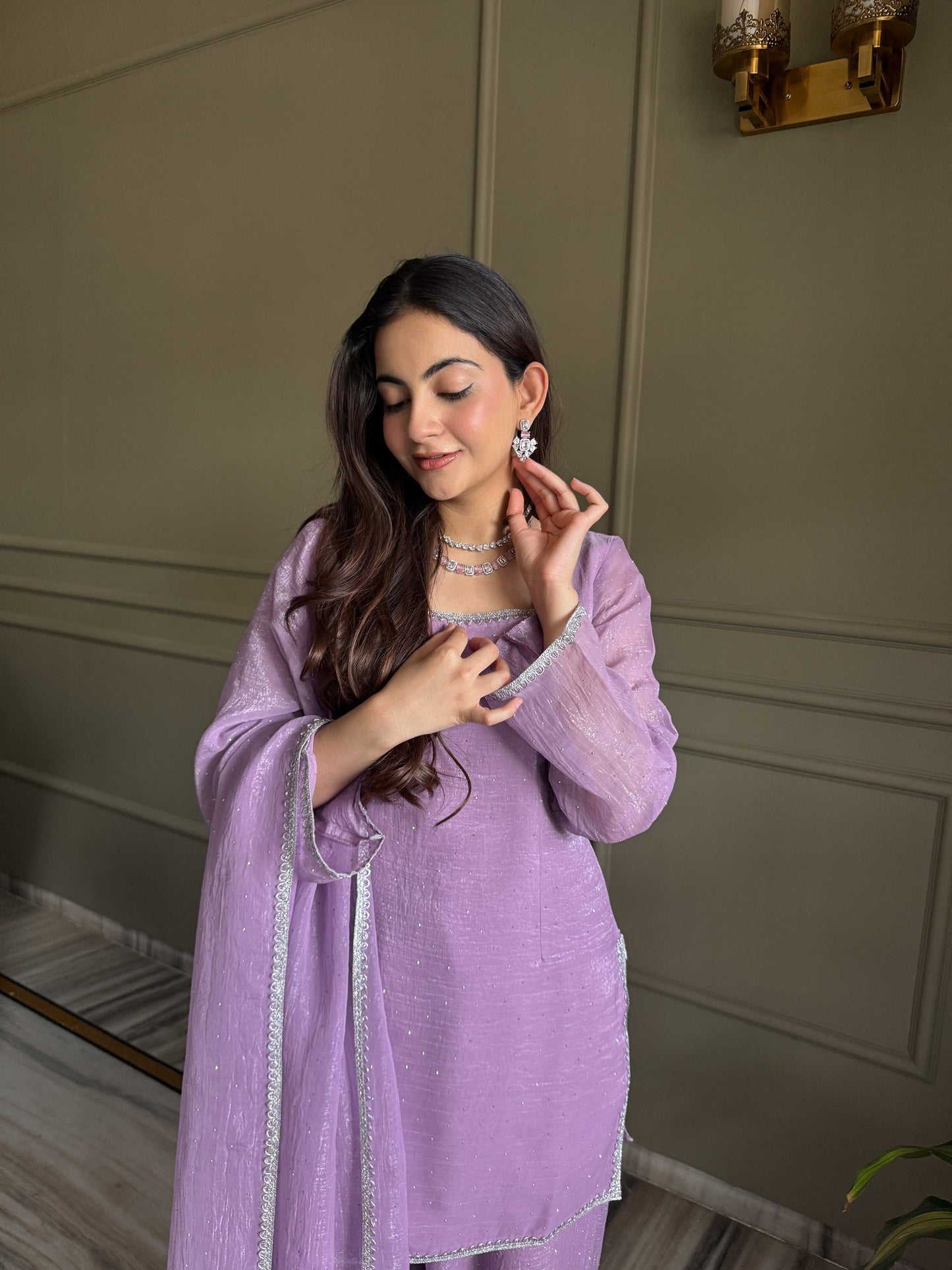 Lorenvalley Fashion Lavender Crunchy Silk with Siroski Work with Fancy Lace Work Kurta Salwar with Dupatta