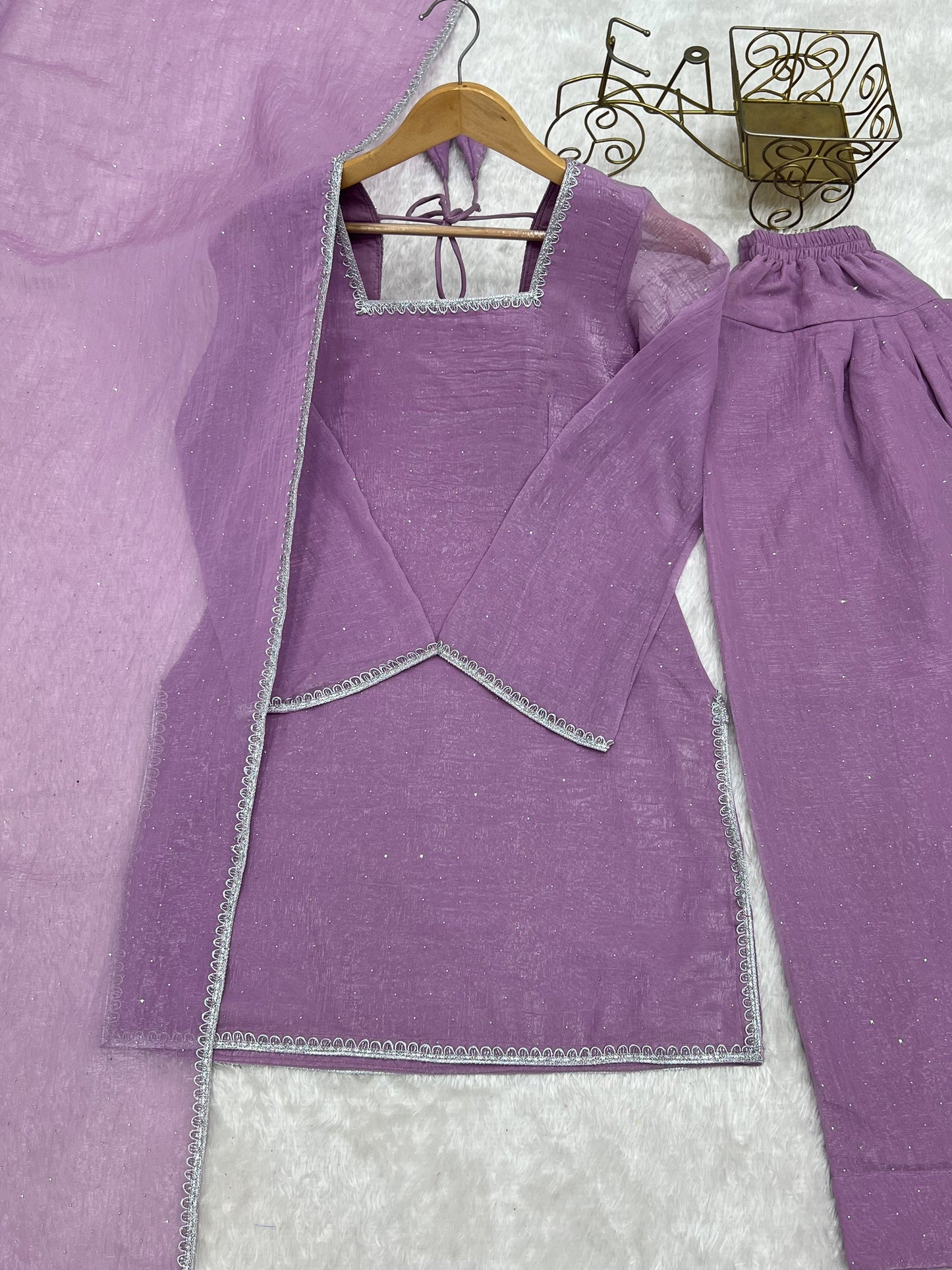 Lorenvalley Fashion Lavender Crunchy Silk with Siroski Work with Fancy Lace Work Kurta Salwar with Dupatta