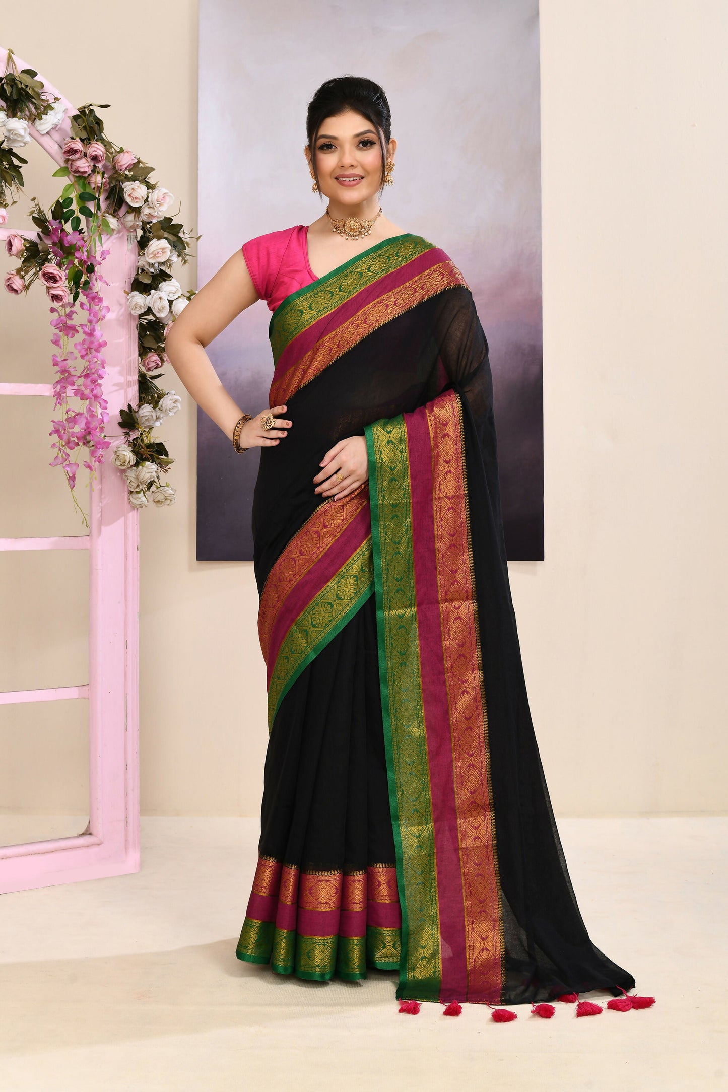 Piyari Fashion Women's Black Embellished Zari Border Cotton Saree