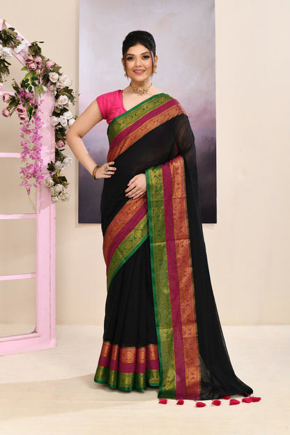 Piyari Fashion Women's Black Embellished Zari Border Cotton Saree