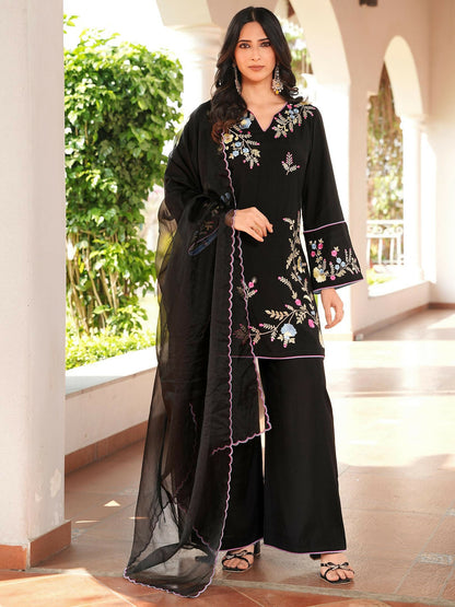 Nikhaar Black Embroidered Art Silk Stitched Straight Cut Kurta Culottes Dupatta Readymade Suit