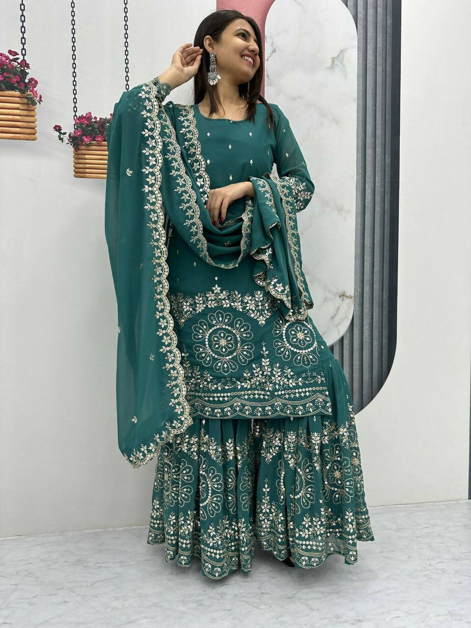 Teeya Creation Womens New Heavy Fox Georgette Fabric With Heavy Embroidery Work Light-Green Kurta Set