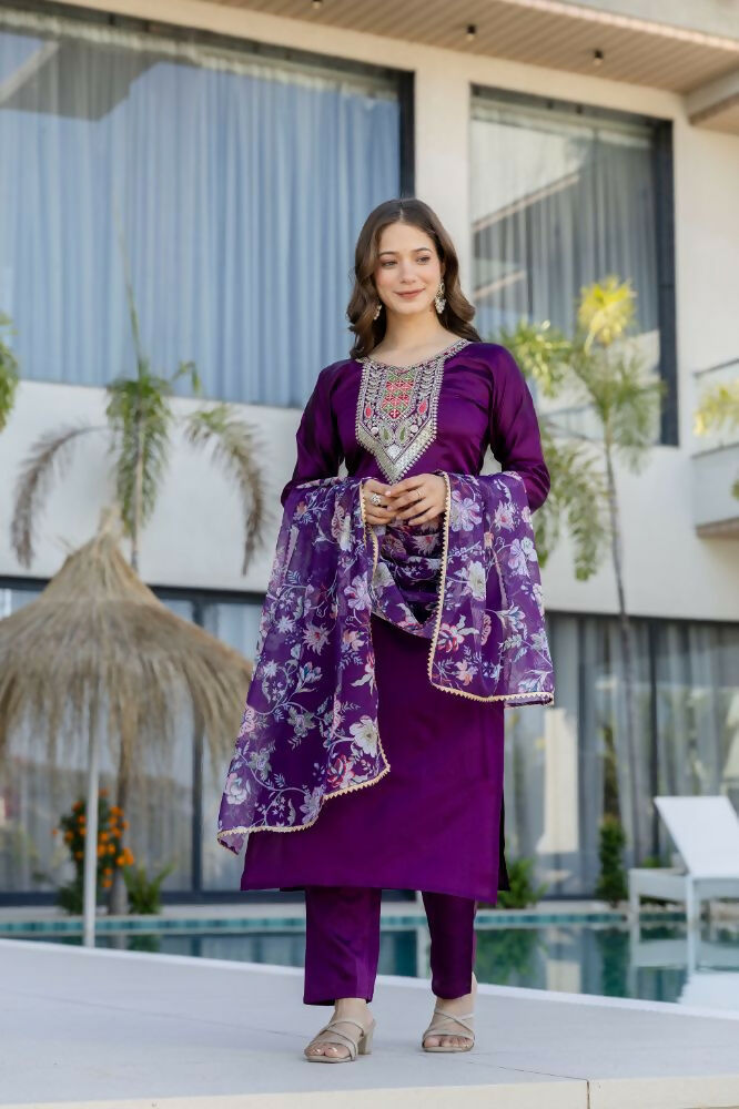 The52 Women's Gorgeous Embroidery Work Chanderi Cotton Fabric Straight Kurta Pant and Dupatta Set