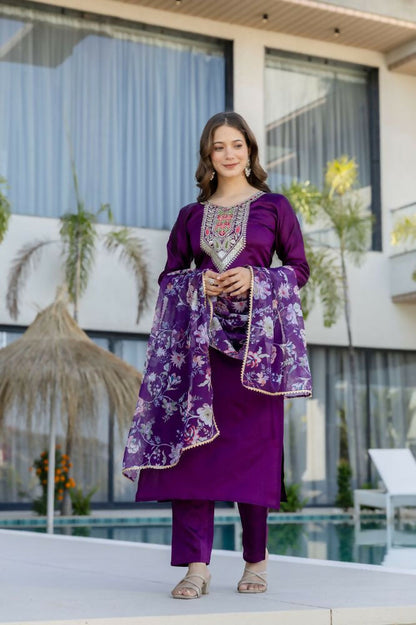 The52 Women's Gorgeous Embroidery Work Chanderi Cotton Fabric Straight Kurta Pant and Dupatta Set