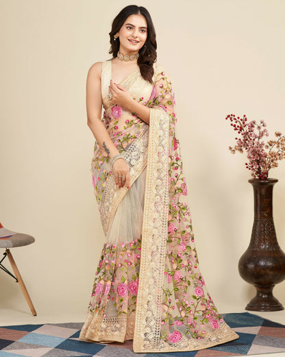 Teeya Creation Womens Latest Stylish Party Wear Soft Net Saree-Cream