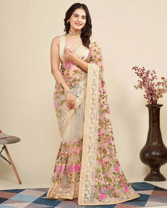 Teeya Creation Womens Latest Stylish Party Wear Soft Net Saree-Cream