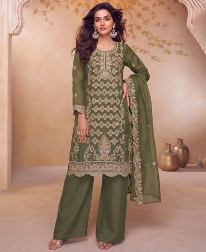 KC Heavy Embroidery Worked Two Ton Moss Silk Parrot Green Suit For Women