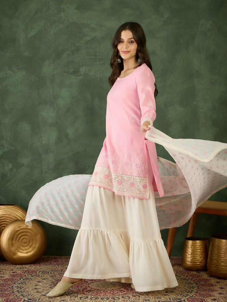 The52 Women's Gorgeous Embroidery Work Cotton Satin Fabric Straight Kurta Sharara and Dupatta Set