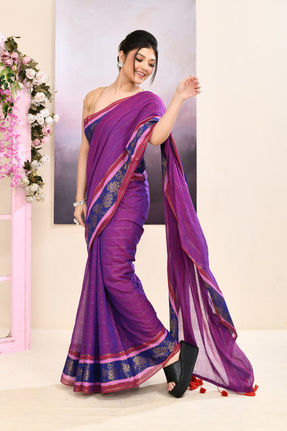 Piyari Fashion Women's Purple Embellished Zari Border Cotton Saree
