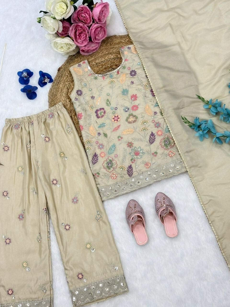 Teeya Creation Trendy Stylish Kids Wear Heavy Embroidery Sequence Work Kurta Set -Beige