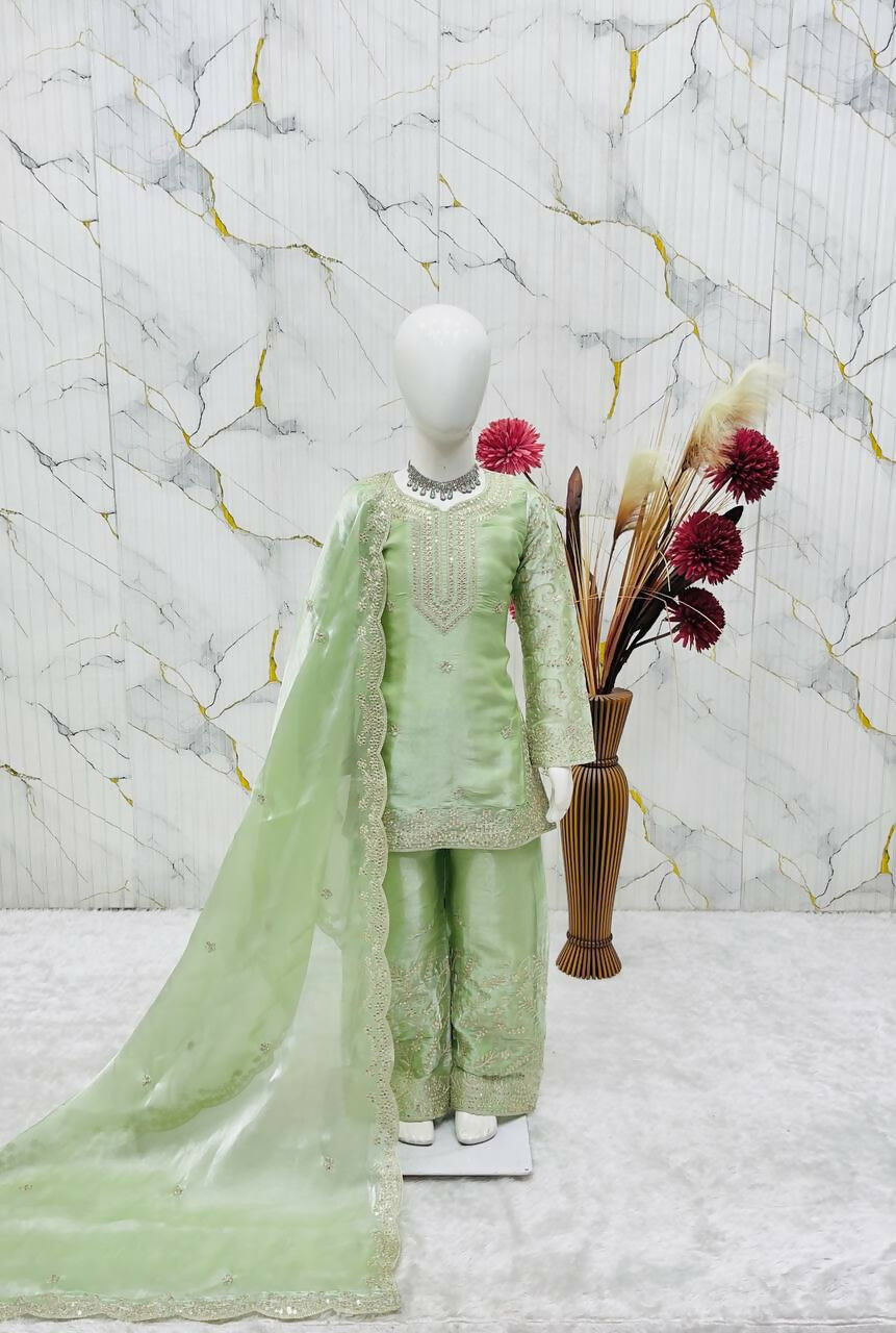 Teeya Creation New Kids Wedding Wear Heavy Embroidery Sequence Work Kurta Sharara Set-Green