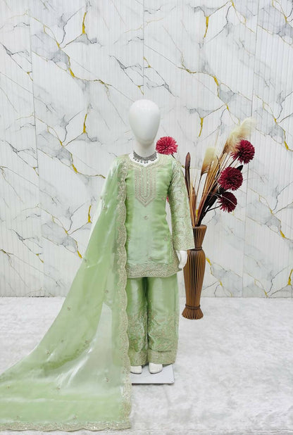 Teeya Creation New Kids Wedding Wear Heavy Embroidery Sequence Work Kurta Sharara Set-Green