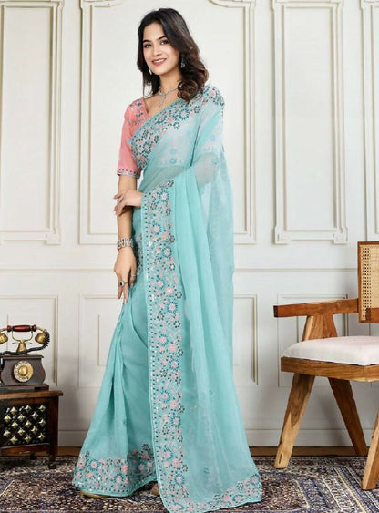 Teeya Creation New Trendy Stylish Wedding Wear Crunchy Silk Saree-Aqua_Blue