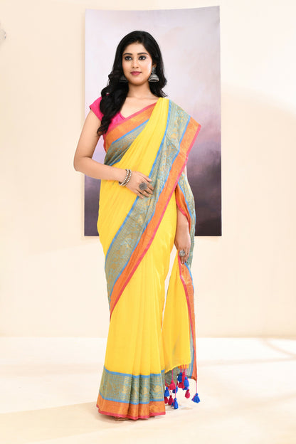 Piyari Fashion Women's Yellow Embellished Zari Border Cotton Saree