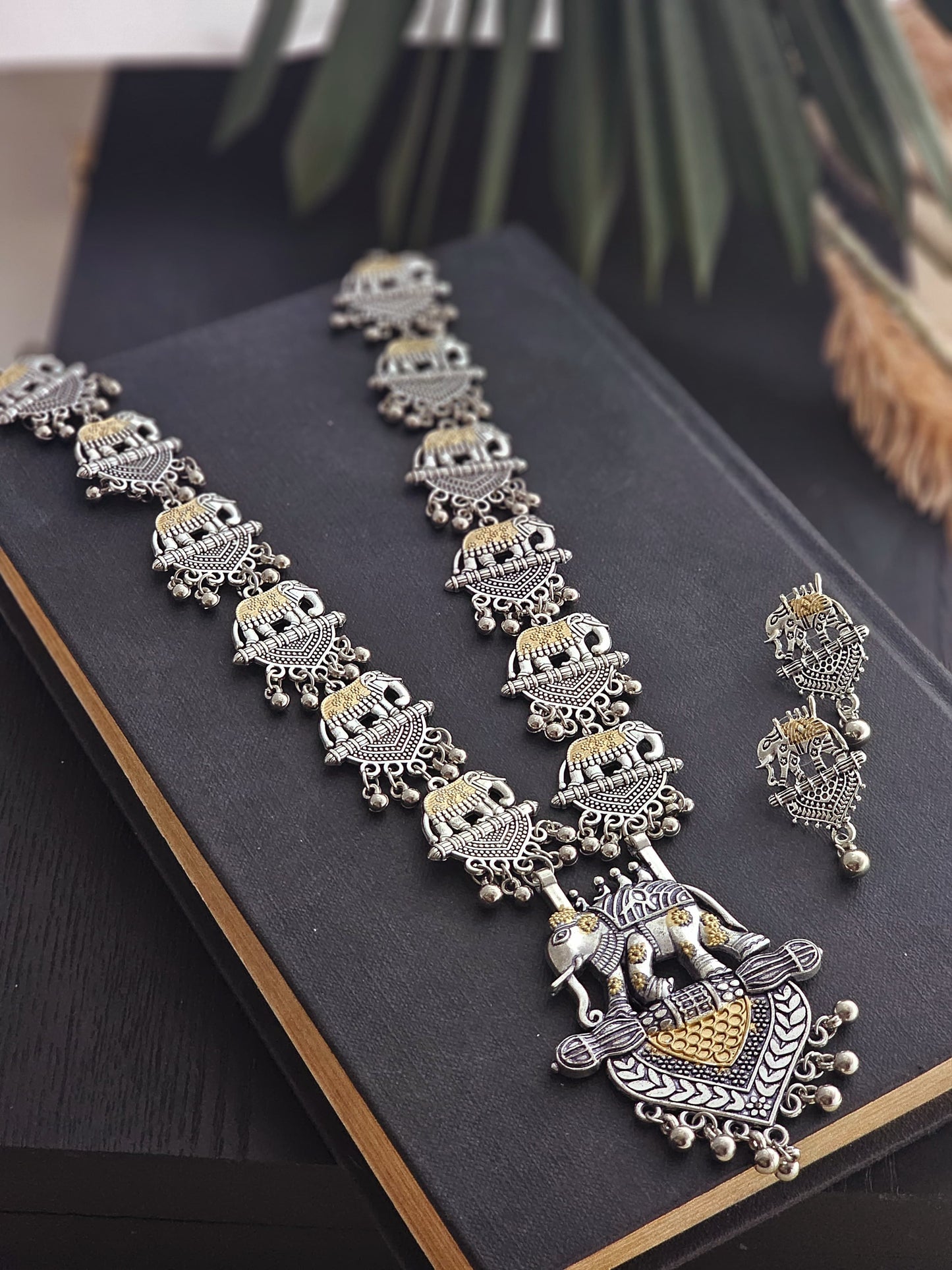 Tusker Treasures German Silver Elephant Pendant Necklace Set with Bracelet