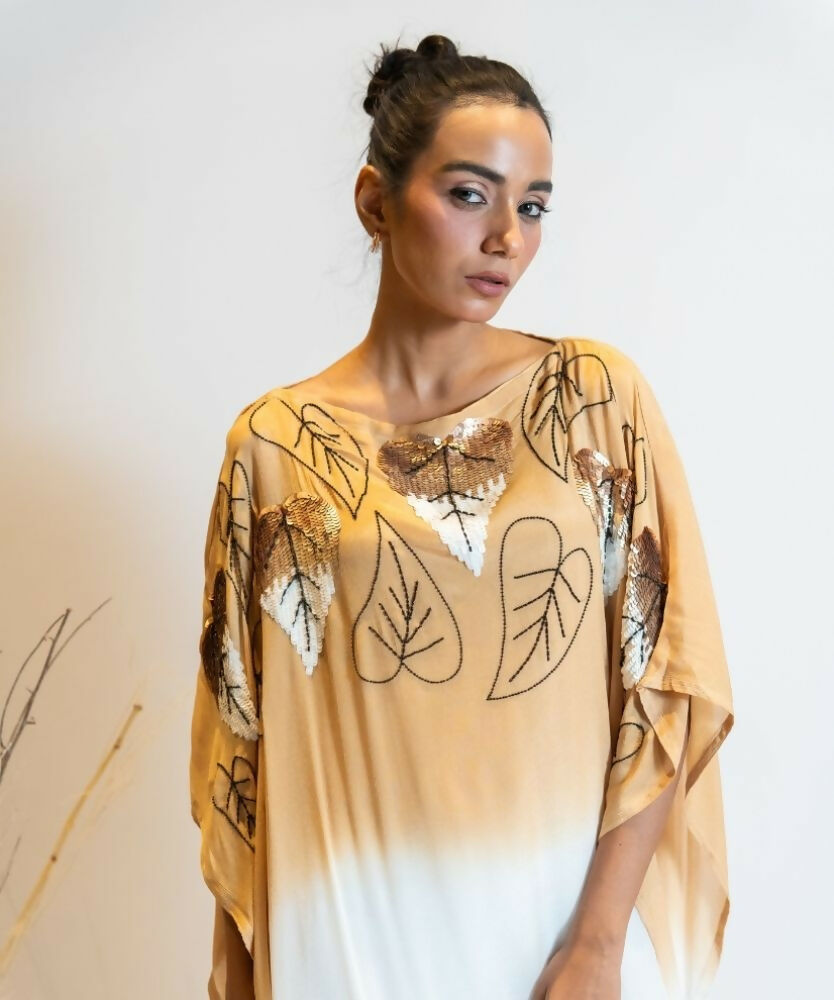 Timaraa Camel Beige To Ivory Ombre Embellished Kaftan Dress
