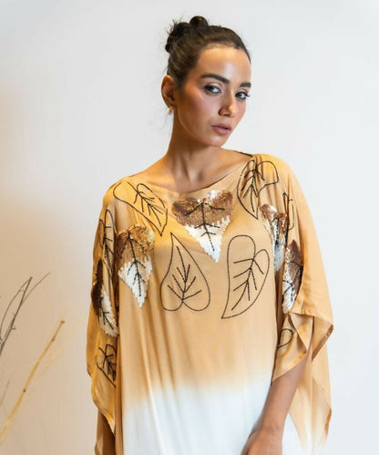 Timaraa Camel Beige To Ivory Ombre Embellished Kaftan Dress
