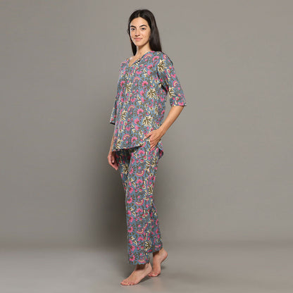 Breathables Women Cotton Printed Loungewear Kurta And Pants Co-Ord Set Grey I Night Wear | Floral Print