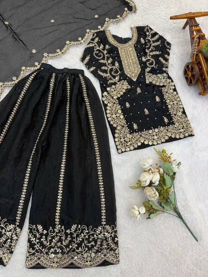 Teeya Creation New Trendy Fully Stitched Ready to Wear Kids Kurta Palazzo Set-Black