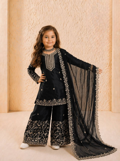 Teeya Creation New Kids Wedding Wear Heavy Embroidery Sequence Work Kurta Sharara Set-Black