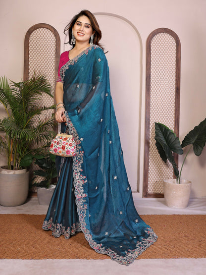 Teeya Creation New Womens Latest Party Wear Soft Chiffon Silk Saree-Blue