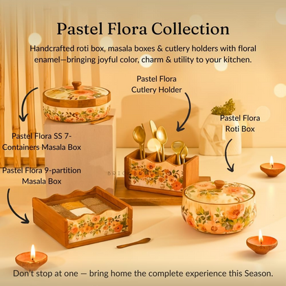 Brick Brown Handcrafted Enamel Coated Wooden Pastel Flora Roti Box