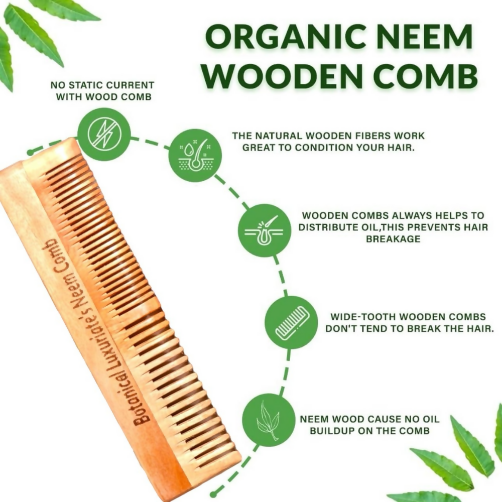 Botanical Luxuriate 100% Pure Neem Wood Comb Dual Tooth With Soft Edges