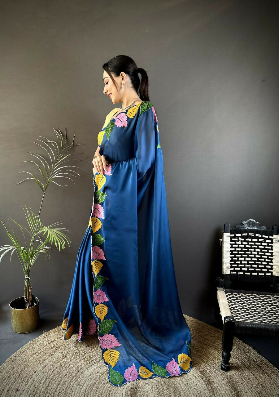 Prime Volt Multicolor Leaf Embroidery Rangoli Silk Saree with Scalloped Border-Blue
